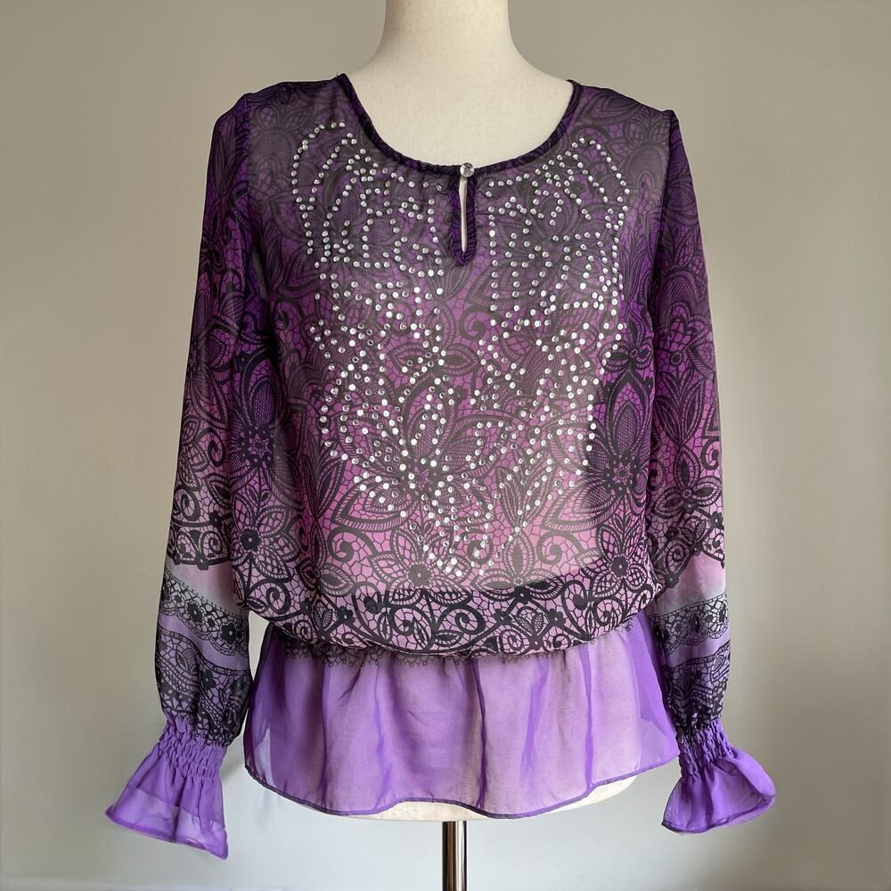 Y2K Fashion Bug Floral Rhinestone Sheer Top Size S Purple Whimsy Artsy Flare Hem